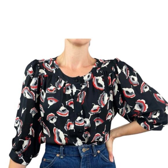 Milly Silk Floral Poppy Puff Sleeves Logo Print Button Top Blouse Oversize Shirt - Picture 4 of 15